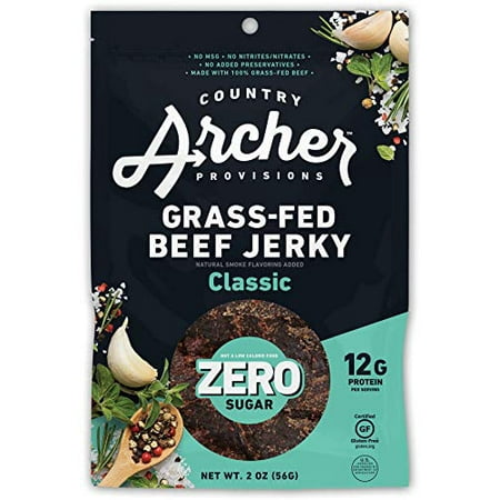 Zero Sugar Classic Beef Jerky by Country Archer 100% Grass-fed, Sugar-free Beef Jerky Keto, Low Carb, Protein Snacks 2 Ounce (6 Pack)