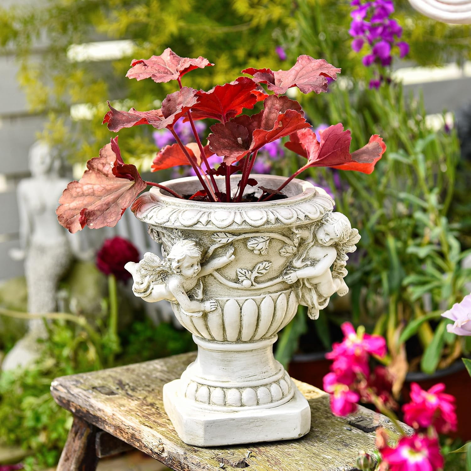 Sungmor Garden Cherub Urn Planter, Lovely Resin Angel Statue Flower Pots, Vintage European Style Planter, Rustic White Whimsy Fairy Decorative Plant Pot, Beautiful Pot for Indoor Outdoor Flowers