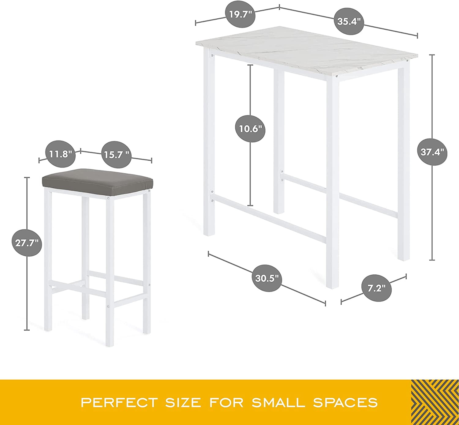 Bar Table Set with 2 Cushioned Counter Height Stools, Dining Table Set for 2, White Faux Marbled