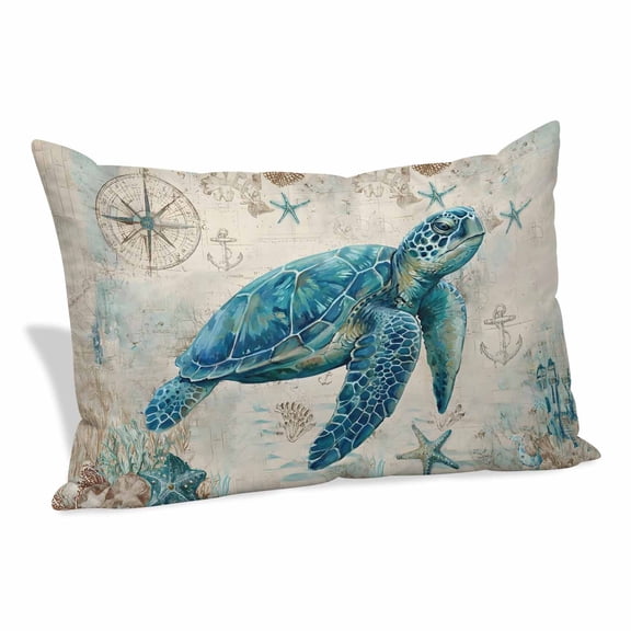 Teal Sea Turtle Coastal Pillow Covers, Linen Long Throw Pillow Case, Vintage Summer Beach Nautical Holiday Pillow Protector Decorative Cushion Cover for Living Room/Bedroom 20" x 26"