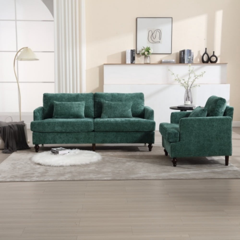 Accent Chair, Mid Century Modern Chenille Armchair with Tufted Back, Studded Solid Wood Frame, Upholstered Lounge Chair for Living Room, Bedroom, Emerald