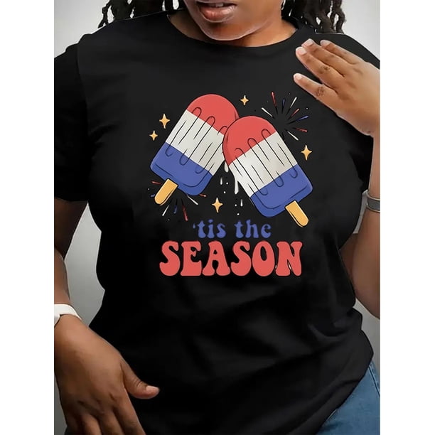 Women's Casual Summer Tee - Trendy Round Neck Short Sleeve with Unique Ice Pop & Fireworks Print, Stretchy Polyester Blend, Machine Washable, Smoking Fireworks Pattern, Holiday Comfort, Leisure Style