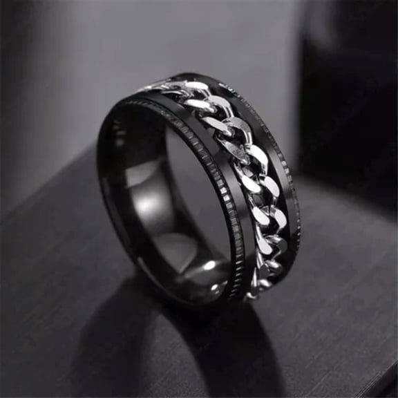 HOOUN Black Grooved Edge Cuban Link Spinning Band Ring Stainless Steel Jewelry Gift-10
