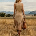 thumbnail image 2 of Morttic Women's Vintage Western Cowboy Style Slim Fit Solid Color Dress – Sleeveless Vest Long Dress with Fringe Hem Brown，S, 2 of 5