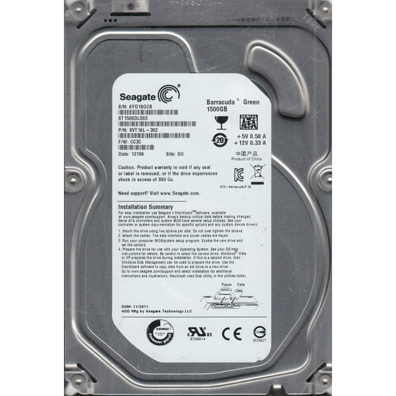 ST1500DL003, 6YD, SU, PN 9VT16L-302, FW CC3C, Seagate 1.5TB SATA 3.5 Hard Drive