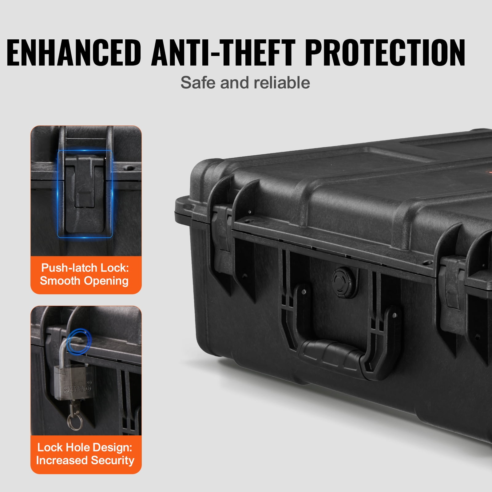 VEVOR Weatherproof Hard Case, Heavy Duty Protective Dry Box Case with Pre-cut Foam, and Retractable Pull Handles for Travel, Hunting, Military, Tactical, IP67 Waterproof Case for Cameras (56.1x37x26)
