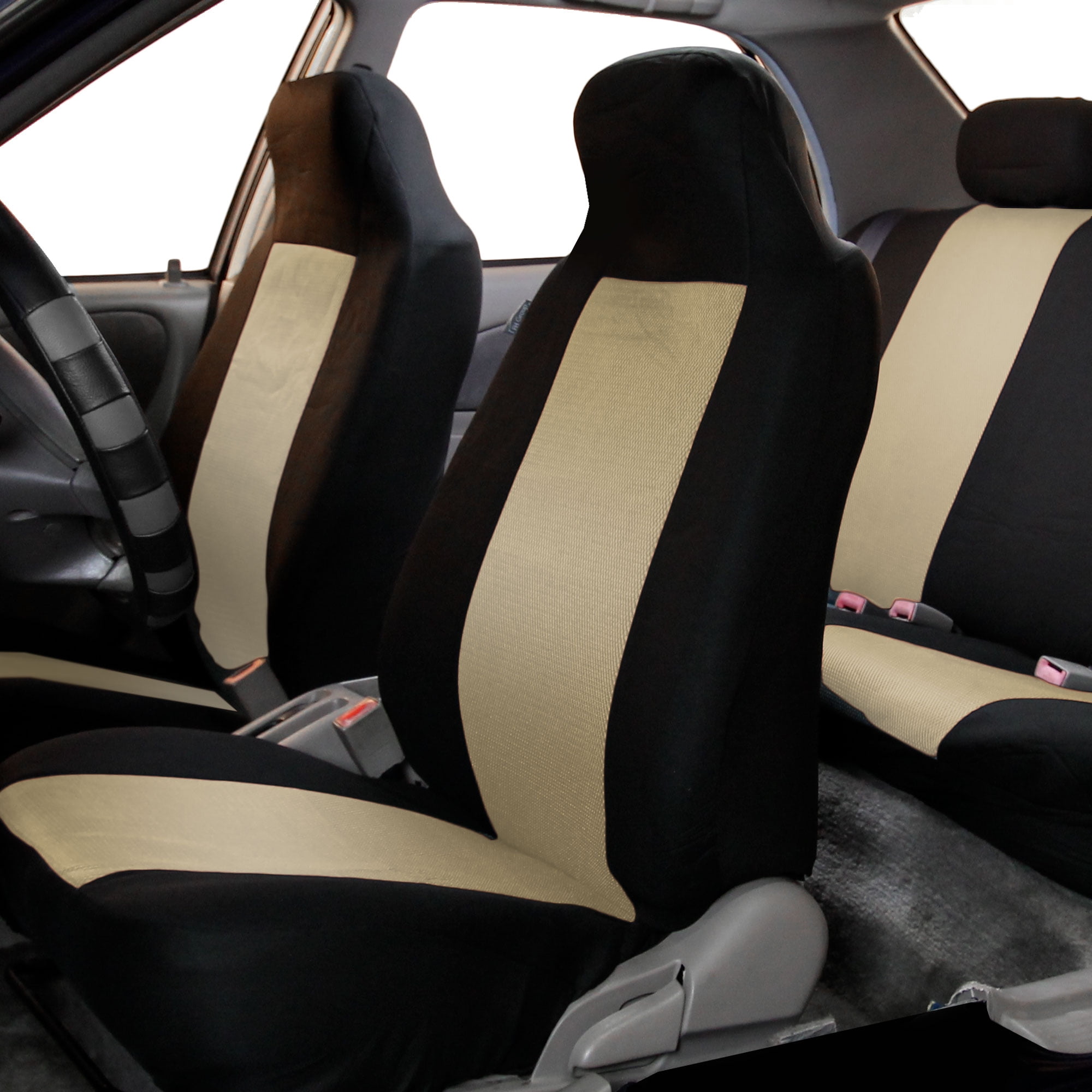 FH Group Classic Cloth Car Seat Cover, Universal Beige Front Set Seat Cover with Air Freshener