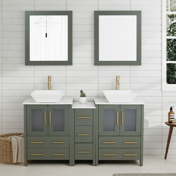 Vanity Art 60" Double Sink Freestanding Bathroom Vanity Set with Engineered Marble Top and Mirror