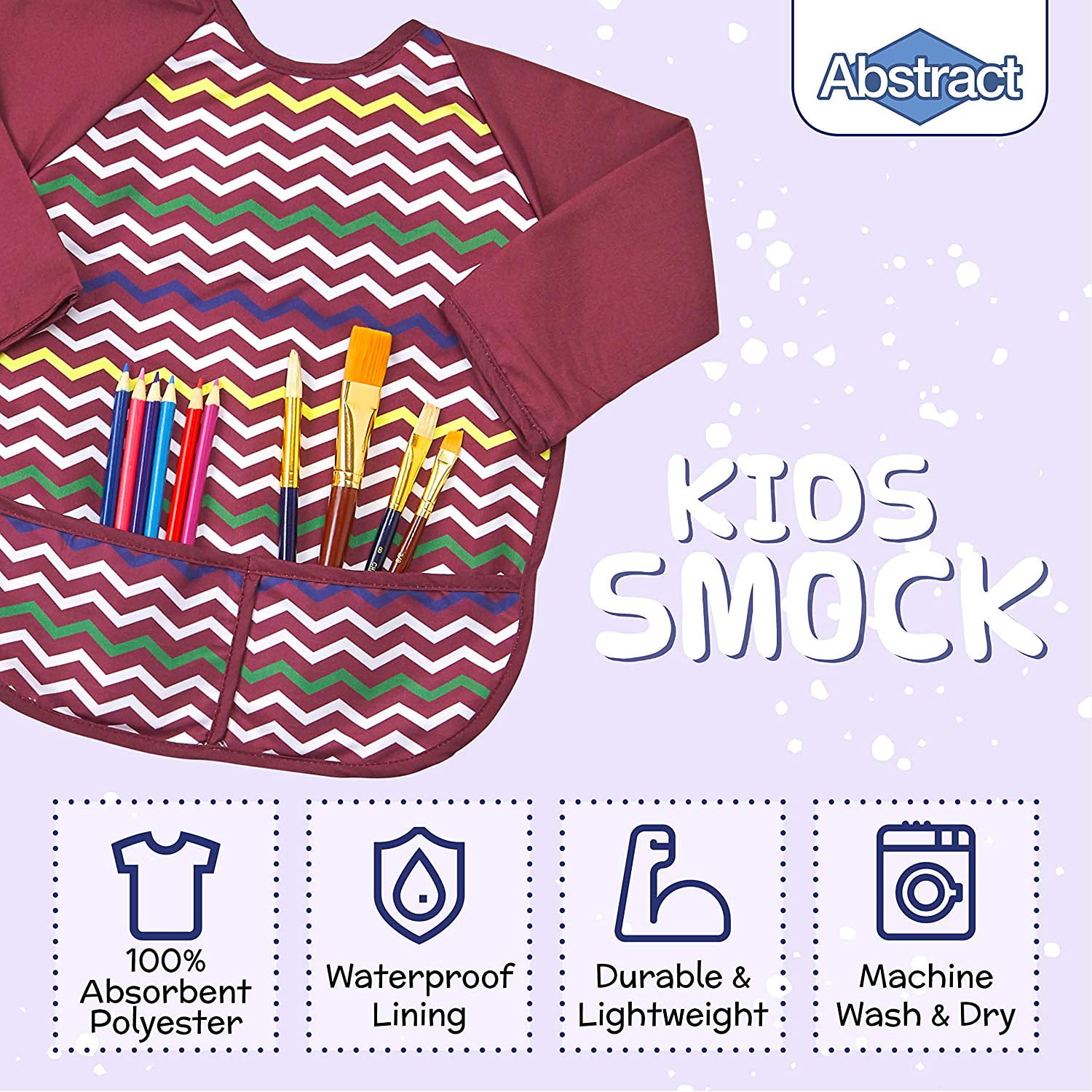 Premium Quality Microfiber with Vinyl Lining Feeding and More Medium Apple Print Long Sleeve Waterproof Bib for Painting 2 Pockets Abstract Kids Art Smock Apron