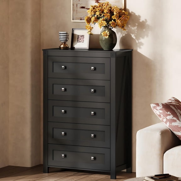 GALAXHERO Farmhouse 5 Drawer Dresser, Black Tall Dresser with Double Rustic Handles, Wood Chest of Drawers for Bedroom, Living Room, Hallway
