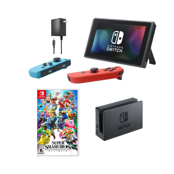 Nintendo Switch 32GB Gaming Console Bundle (Refurbished) with Blue & Pink Joy-Con Controllers + Super Smash Bros. Game & Dock