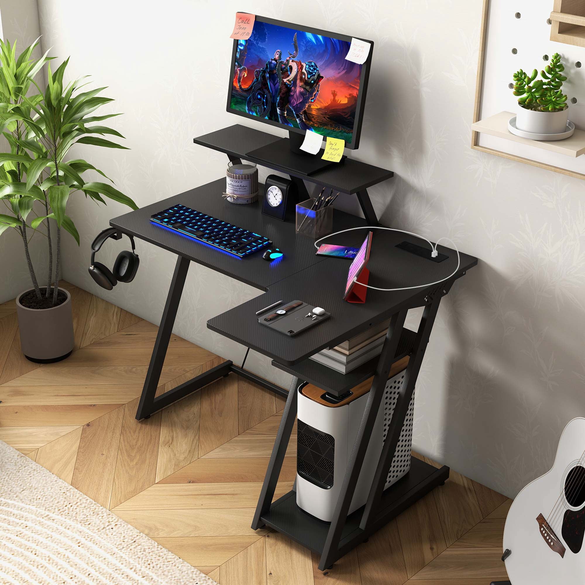 Costway L Shaped Gaming Desk with Outlets & USB Ports Monitor Shelf Headphone Hook Black