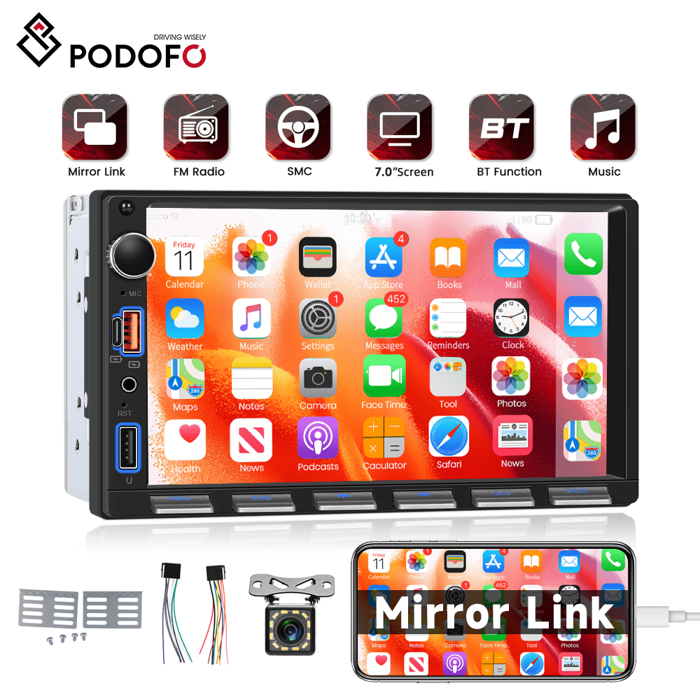 Podofo [Upgrade] 7 in Double Din Car Stereo Radio Touch Screen with Mirror Link SWC USB/EQ /Aux-in Ports+Backup Camera