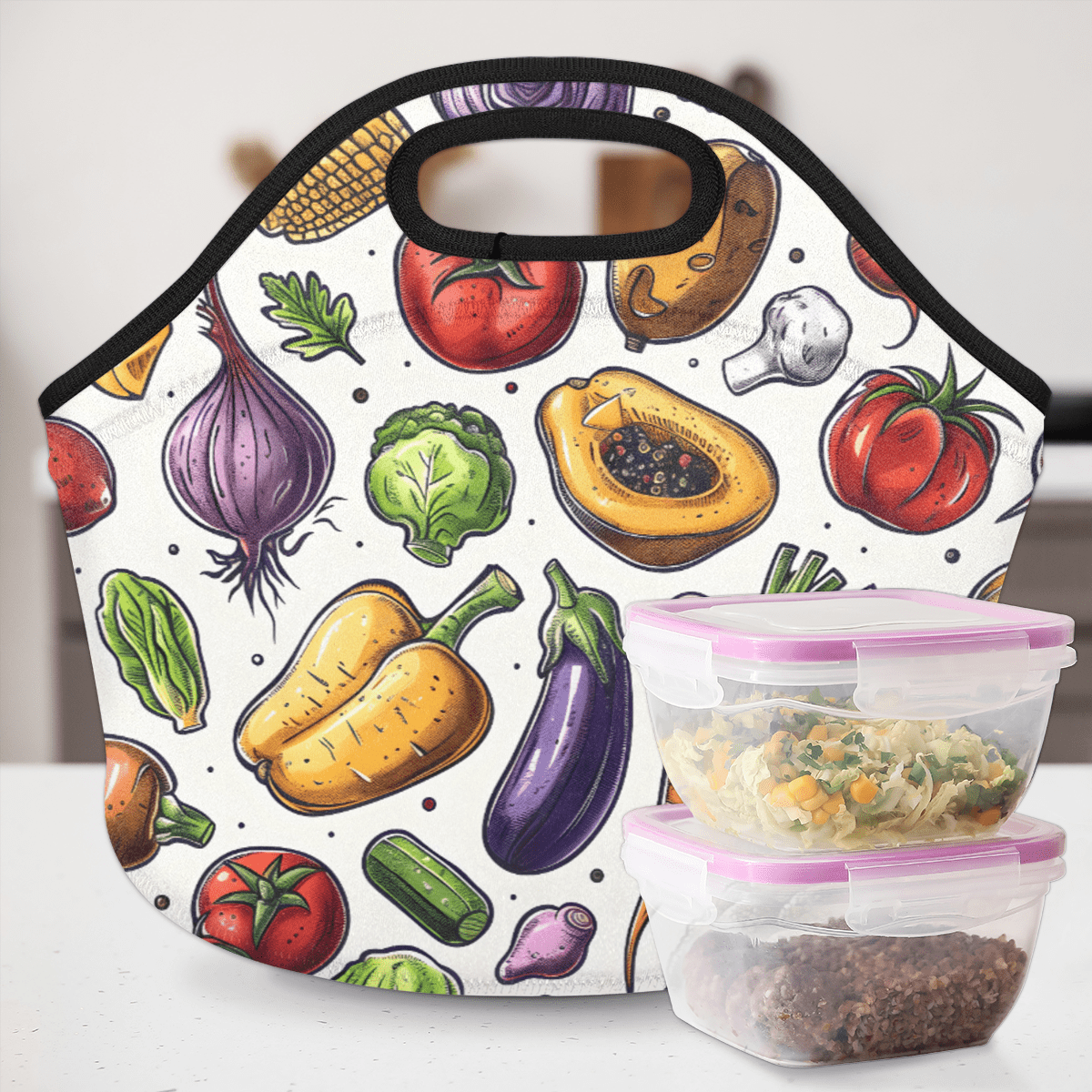 Herdesigns Vegetable Neoprene Lunch Bag, Food Insulated Lunch Box for Women Men Washable Lunch Tote Soft Lunch Container With Zipper for Work Picnic Travel