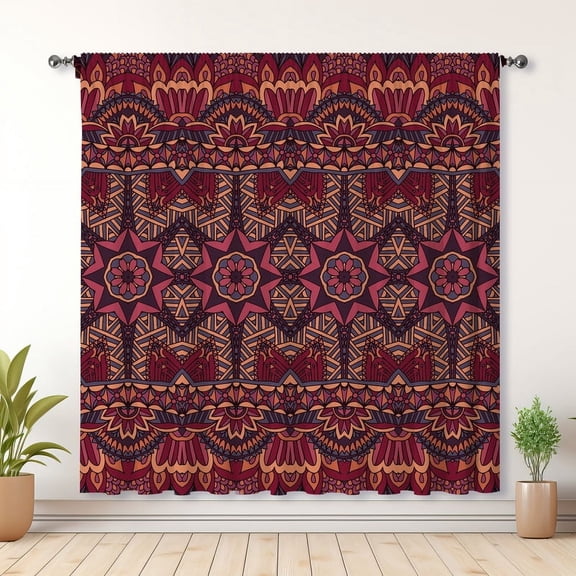 Boho Style Curtains, Brown Floral Print Blackout Curtains, Suitable For Room Bedroom Decoration(Rod pocket)