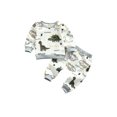 

2pcs Baby Boy Cute Clothes Outfits Set Ribbed Dinosaur Striped Long Sleeve Top Shirt Pants Set Fall