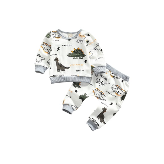 Canrulo Dinosaur Newborn Infant Baby Boy Clothes Set Long Sleeve Sweatshirts Tops Pants Outfits White 0-3 Months