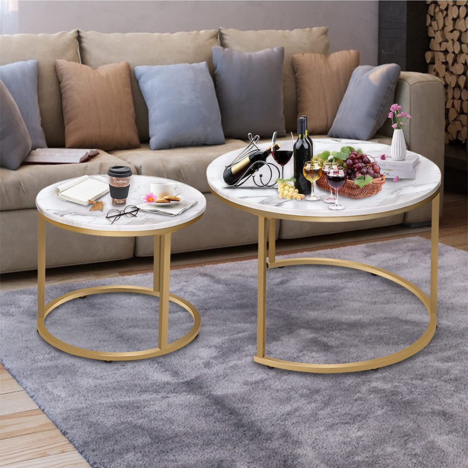 Callalily Round Coffee Table Set of 2 Modern Nesting Golden Frame Circular and Marble Pattern Wooden Stacking Accent Coffee Tables Metal Frame for Apartment Living, White