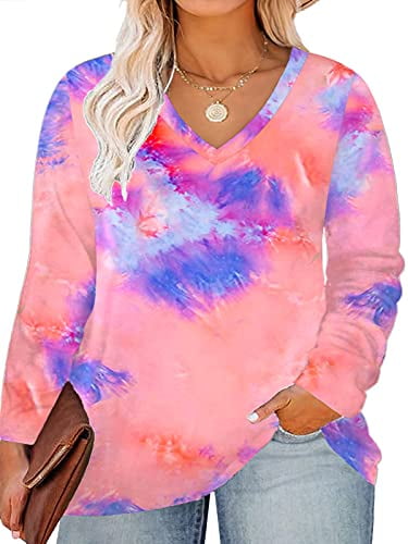ROSRISS Plus Size Tops for Women Long Sleeve Tees V Neck Tunics Solid Color Blouse T Shirts 