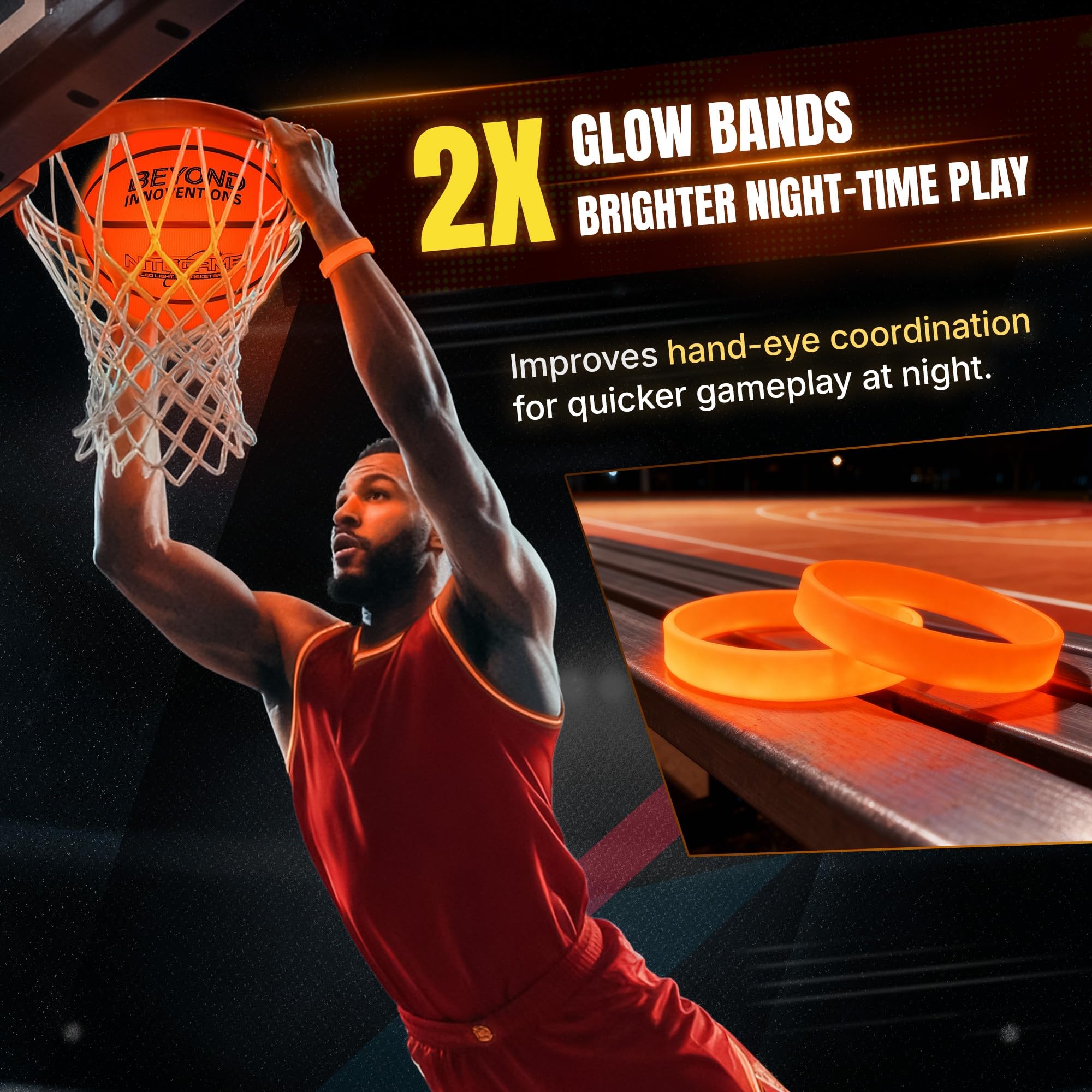 BEYOND INNOVENTIONS Glow in the Dark Basketball with 2x Light Up Bands, Official Size 7