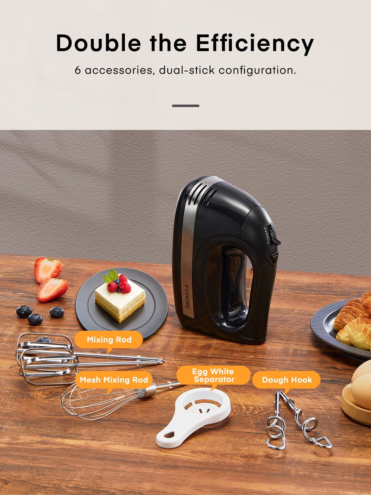 Hand Mixer with Storage Box, 5 Speeds and Turbo, FOHERE Electric Egg Beater with 6 Accessories