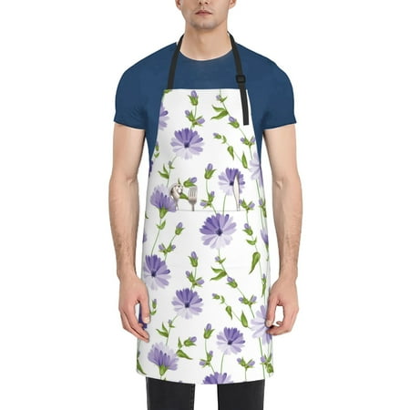 

Qekee Purple Chicory Print Waterproof Apron with Pockets Adjustable Cooking Aprons Kitchen Bib for Baking Household Cleaning