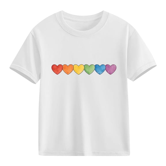 Girls Short Sleeve T-Shirt White Cotton Kids Top with Rainbow Hearts Print | Casual Crew Neck Shirt for Ages 4-12 | Sizes 4T, 5T, 6, 8, 10, 12,Size 4 T