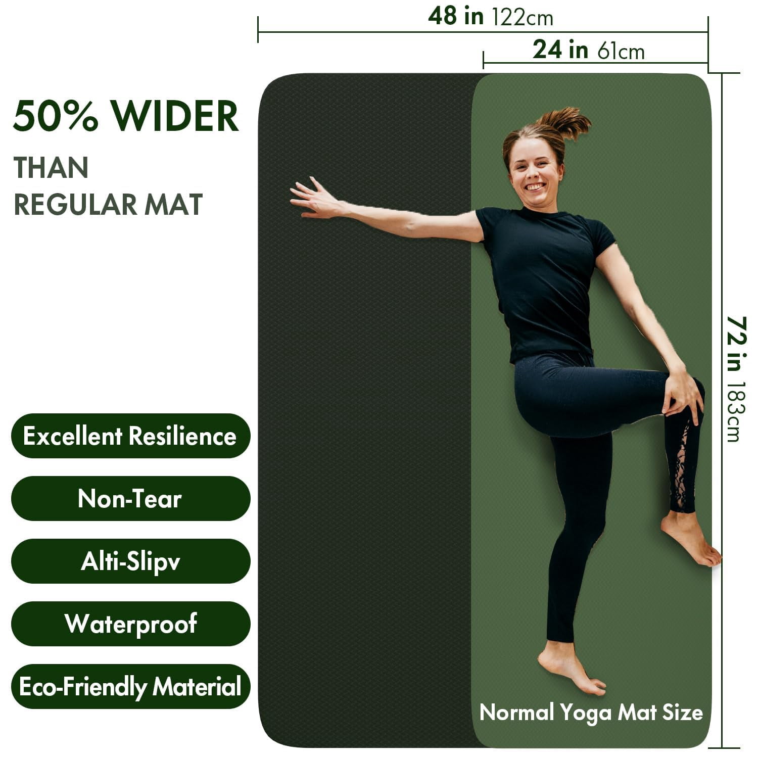 FrenzyBird Large Yoga Mat, 6'x4'(72"x48") 183x122cm, 8mm thick TPE non-slip extra wide exercise mat. Ideal for home yoga, Pilates, gym & floor workouts, suitable for women and men (Dark Green)