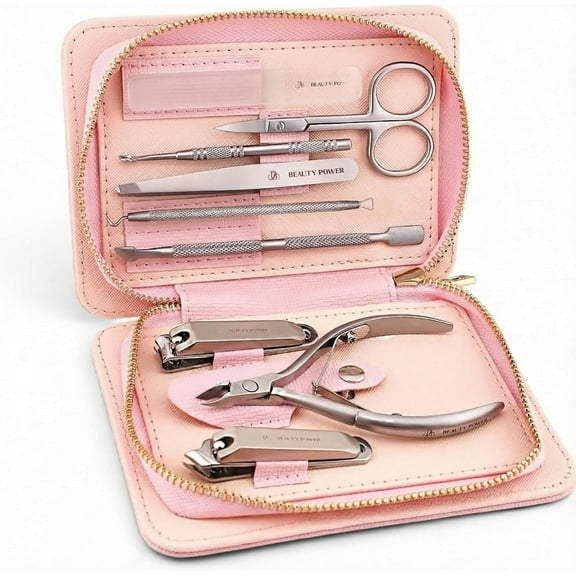 Beauty Power 9 in 1 Professional Manicure Pedicure Set - Stainless Steel Nail Clippers, Nano File, Cuticle Nipper, Scissors, Tweezers, Travel PU Leather Case for Men & Women - Gift Ready New (Pink)