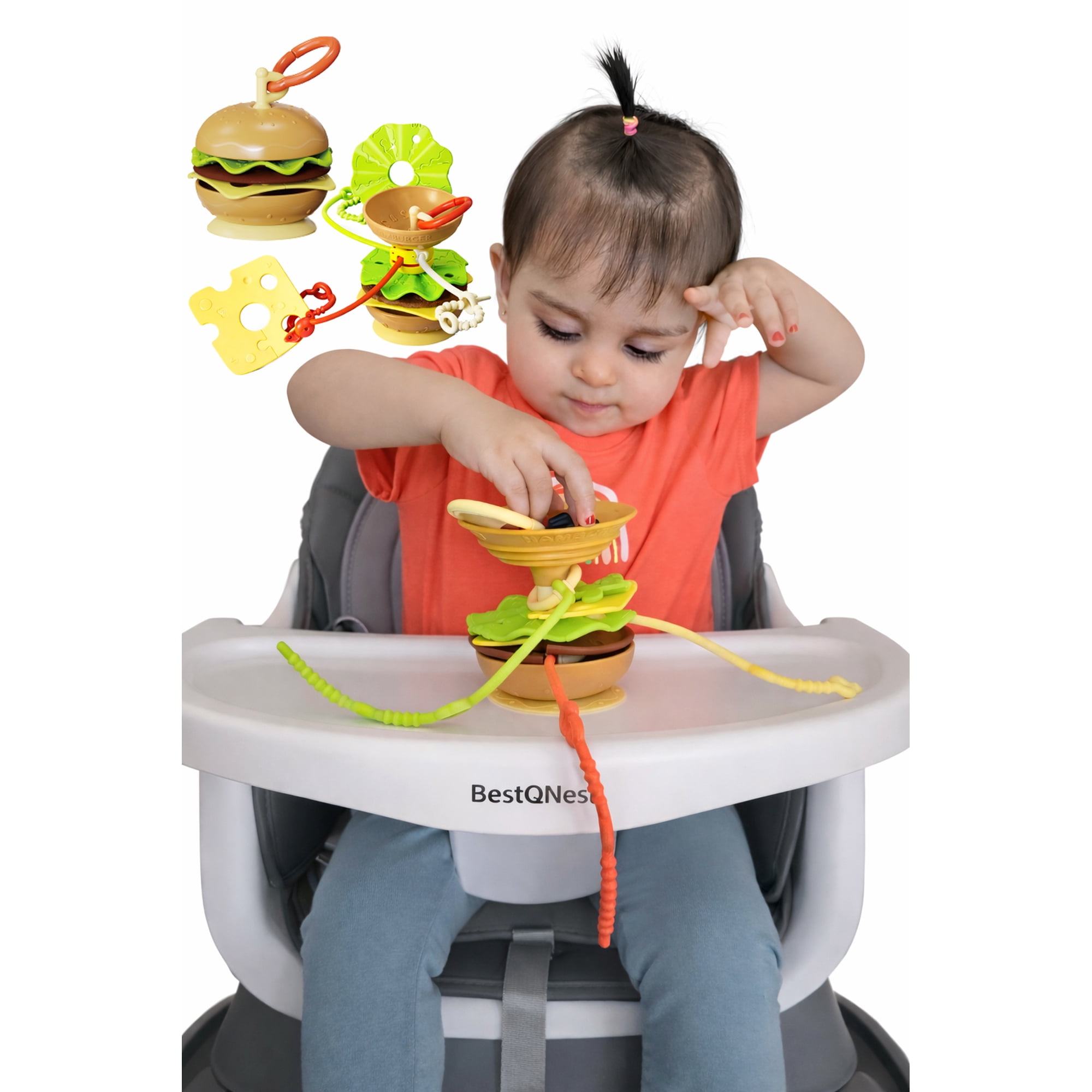 Hamburger Suction Cup Toys Holder for High Chair, Stroller Baby Toys 6-12 Months & Toddlers, 3 Tethers Keep from Falling, Great for Restaurant & Car Seat Airplane Travel