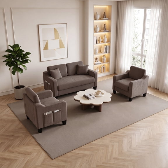 ZX Design 3-Piece Corduroy Living Room Furniture Set, Mid-Century Modern 2 Accent Chairs and Loveseat with Side Storage and Pillows for Apartment