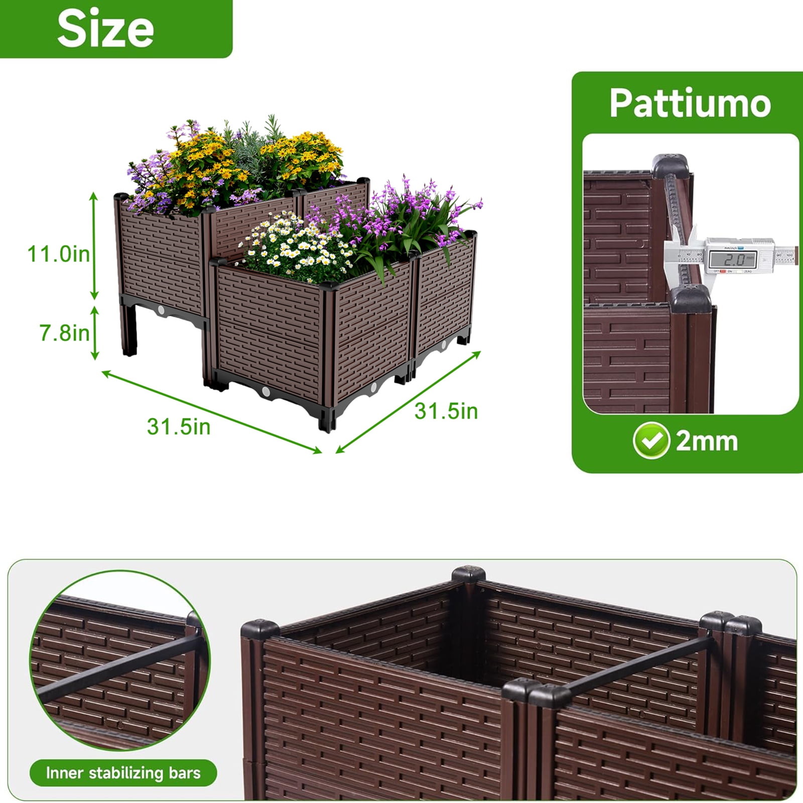 AsterOutdoor Raised Garden Beds Outdoor, Planter Boxes Outdoor Garden Box with Drain Outlet, polypropylene 440lb Capacity, 31.5x31.5x19.6in