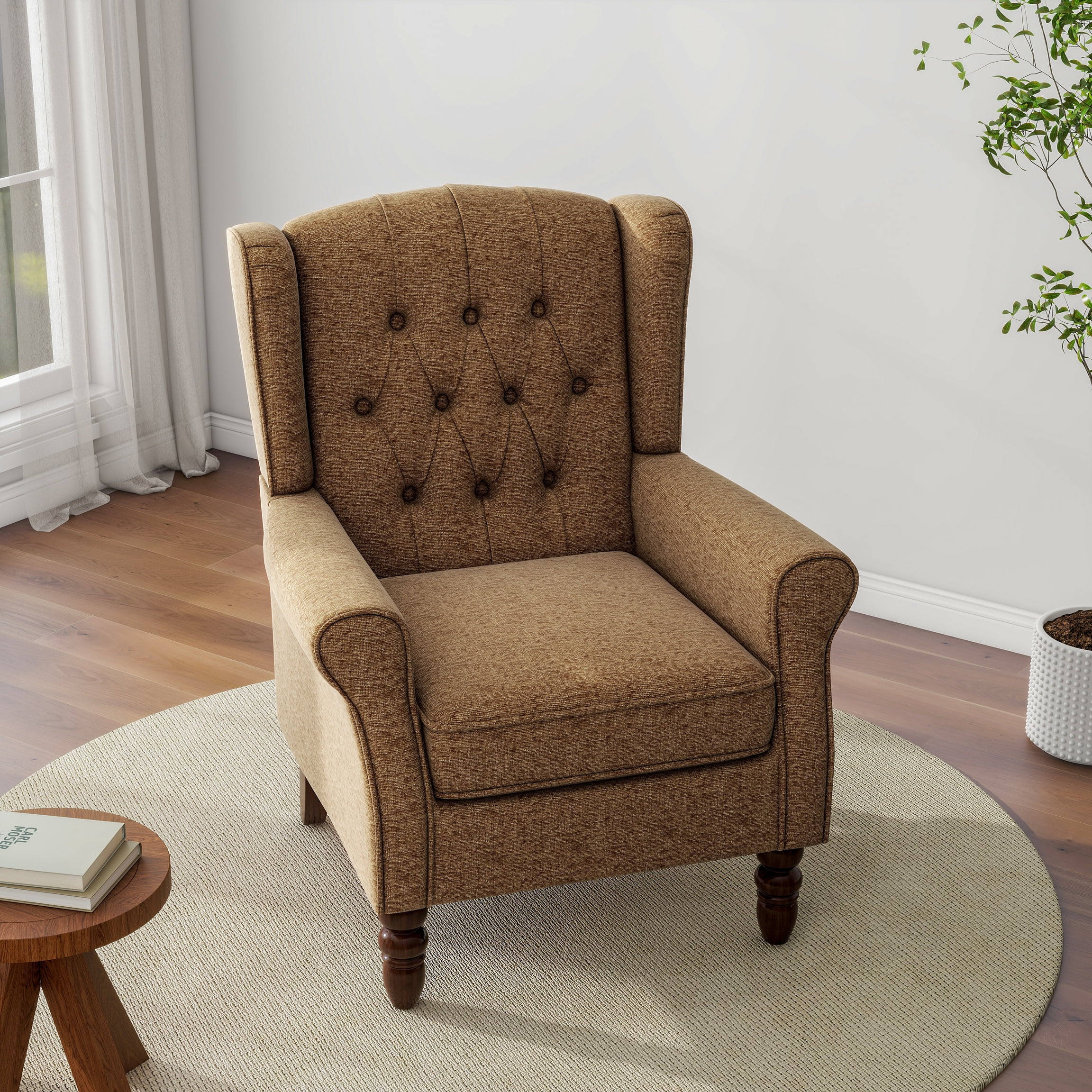 UIXE Wingback Chair Upholstered Armchair Retro High Back Accent Chairs for Living Room, Brown