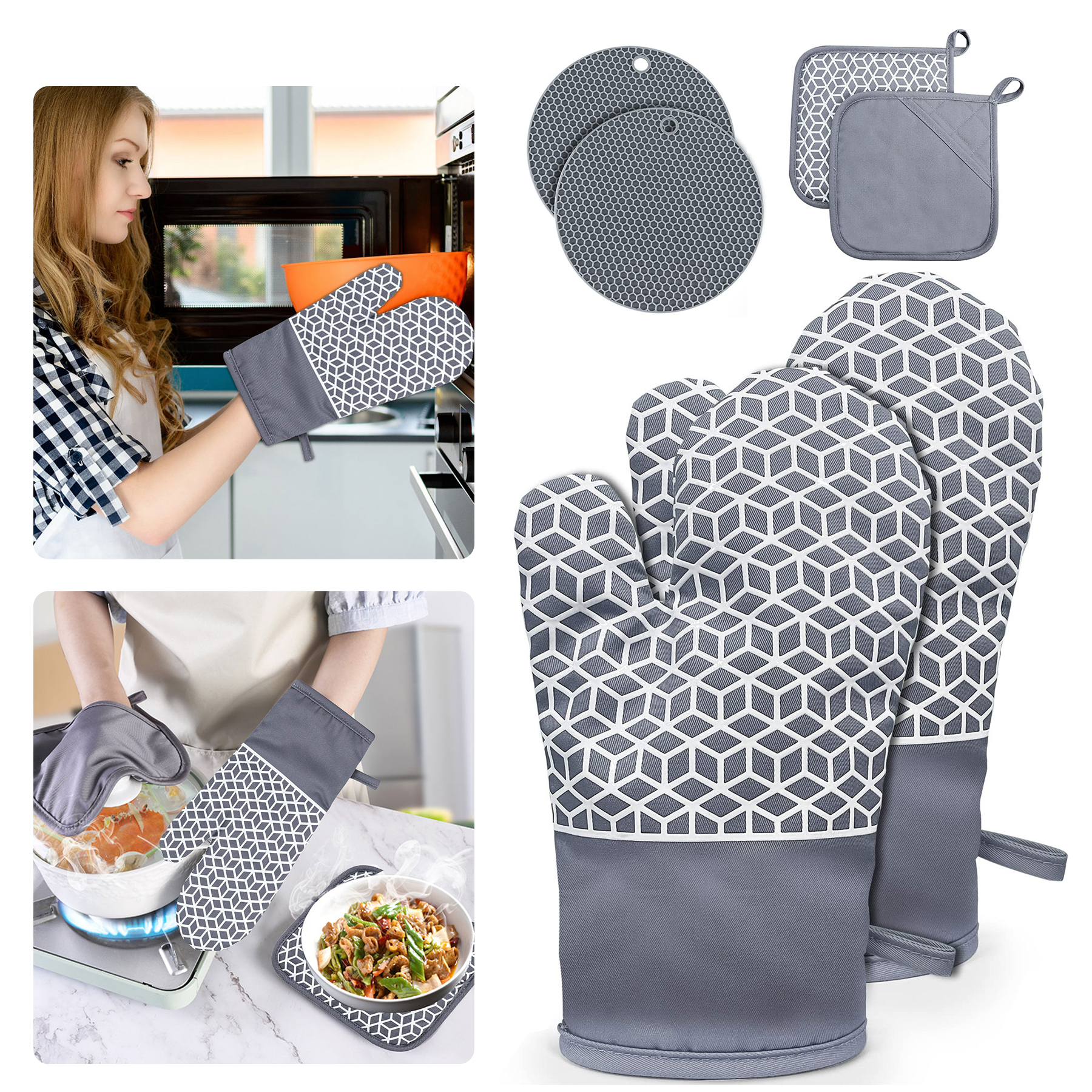 Runwin Oven Gloves Set of 6pcs Included Oven Gloves Pot Holders 300 °C Heat Resistant Oven