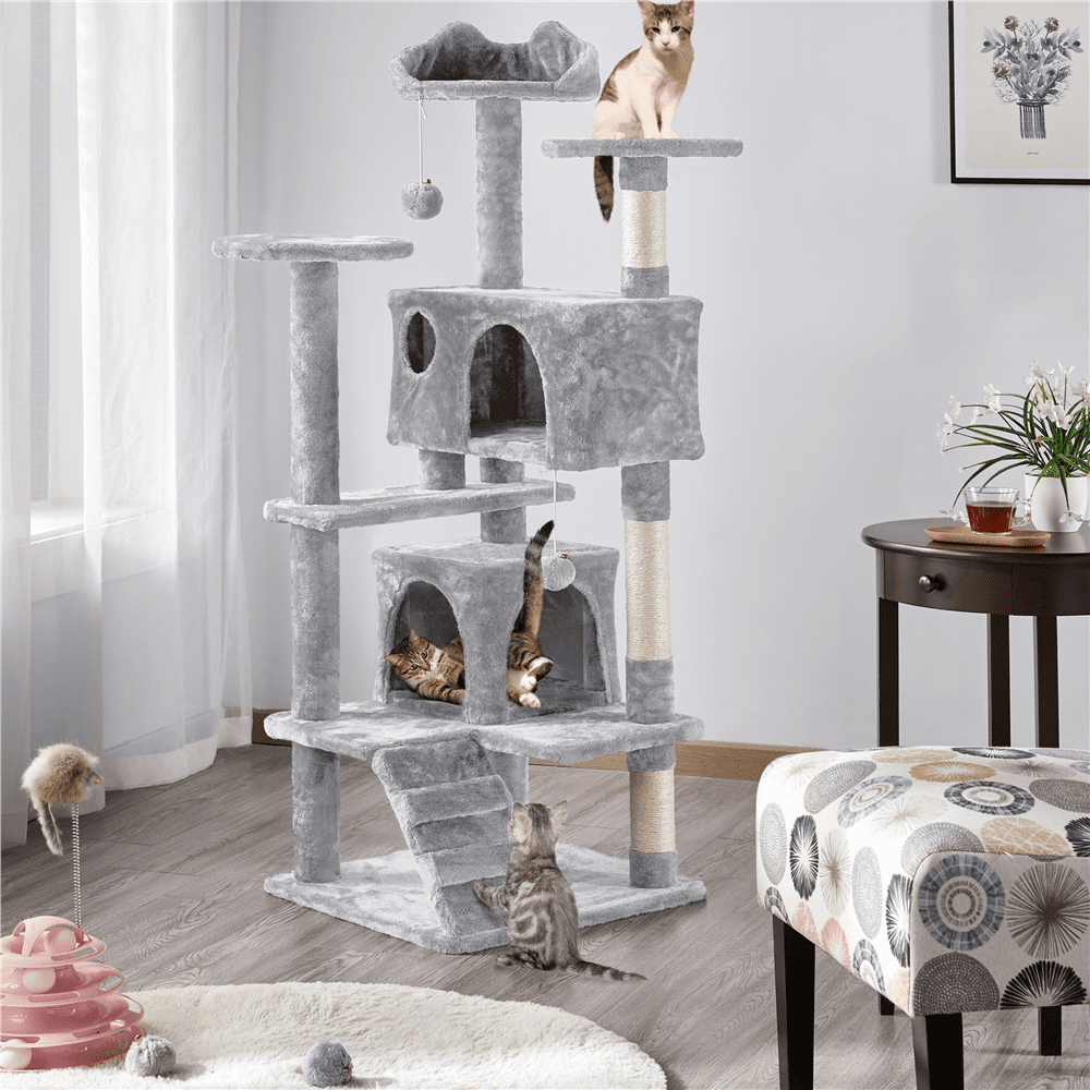 Yaheetech 53.9''H Cat Tree Condo with Scratching Post Tower, Light Gray