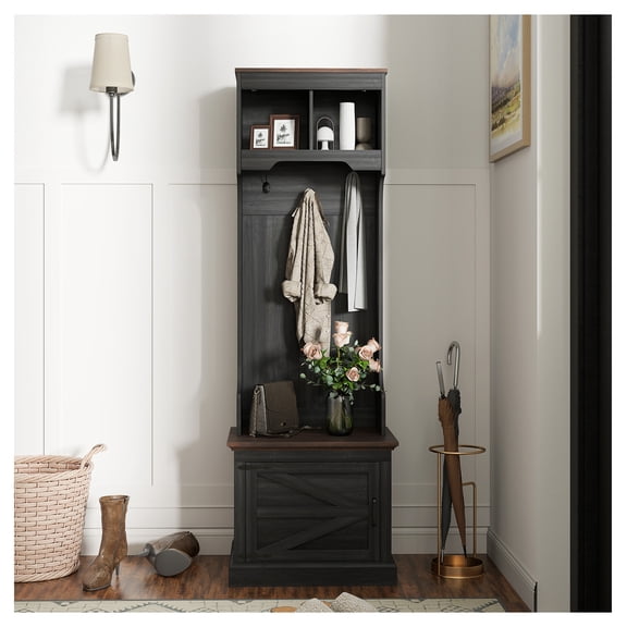 Hall Tree with Shoe Storage, Coat Rack Bench Entryway Organizer - 3-in-1 Farmhouse Style, 5 Hooks, Black Wood Grain