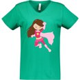 thumbnail image 3 of Inktastic Superhero Girl, Cute Girl, Brown Hair, Pink Cape Women's V-Neck T-Shirt, 3 of 5