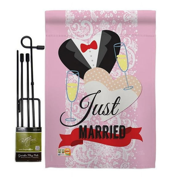 Breeze Decor BD-FY-GS-115102-IP-BO-D-US15-BD 13 x 18.5 in. Just Married Special Occasion Family Impressions Decorative Vertical Double Sided Garden Flag Set with Banner Pole