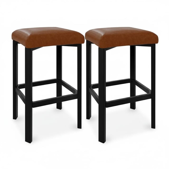 Modern Backless Counter Height Bar Stools Set of 2 – 24" PU Leather Upholstered Seat, Heavy Duty Metal Frame, Easy Assembly, Ideal for Kitchen Island, Dining, Home Bar - Brown, 2PC Pack