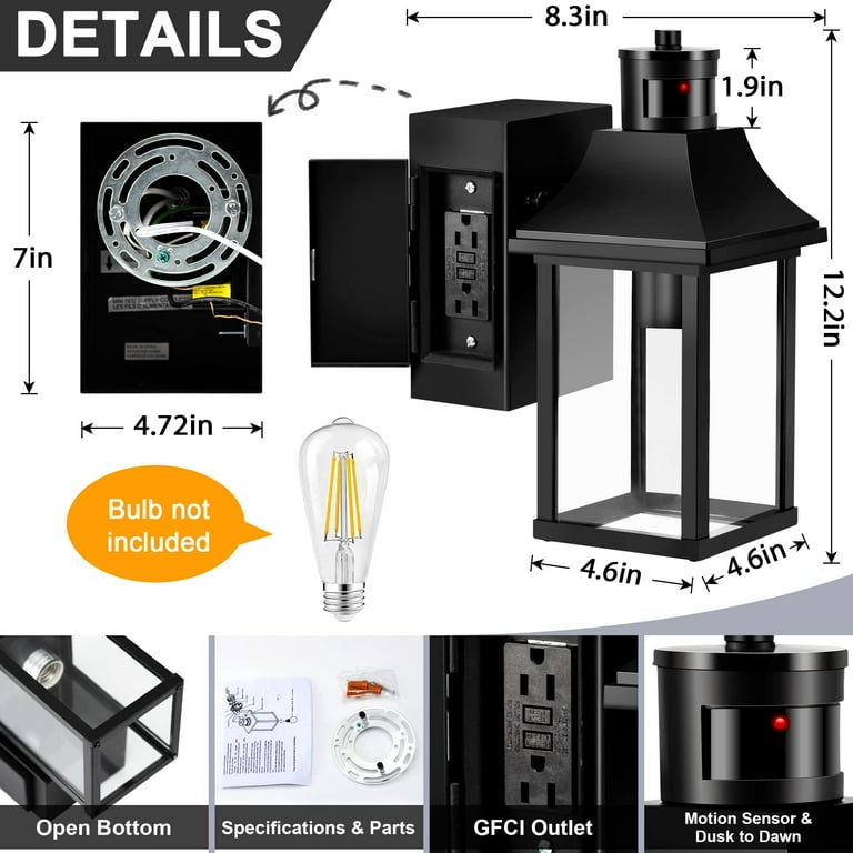 Outdoor Porch Light With GFCI Outlet & Motion Sensor - 3 Lighting Modes, Dusk To Dawn, Weatherproof Wall Sconce