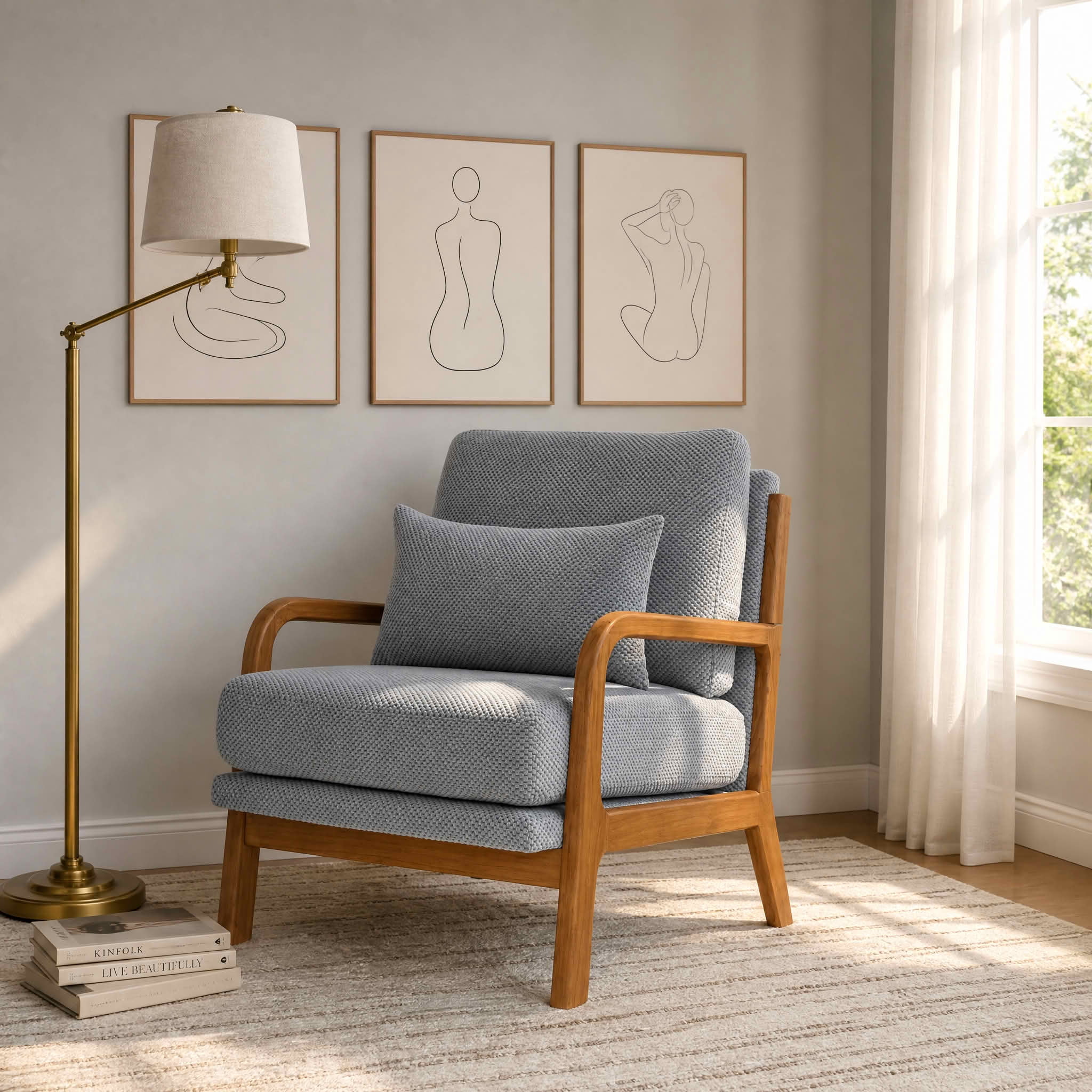 MAYEERTY 26 In Nubby Fabric Lounge Chair, Solid Wood Armrests, Lumbar Pillow, Light Gray, 300 lb