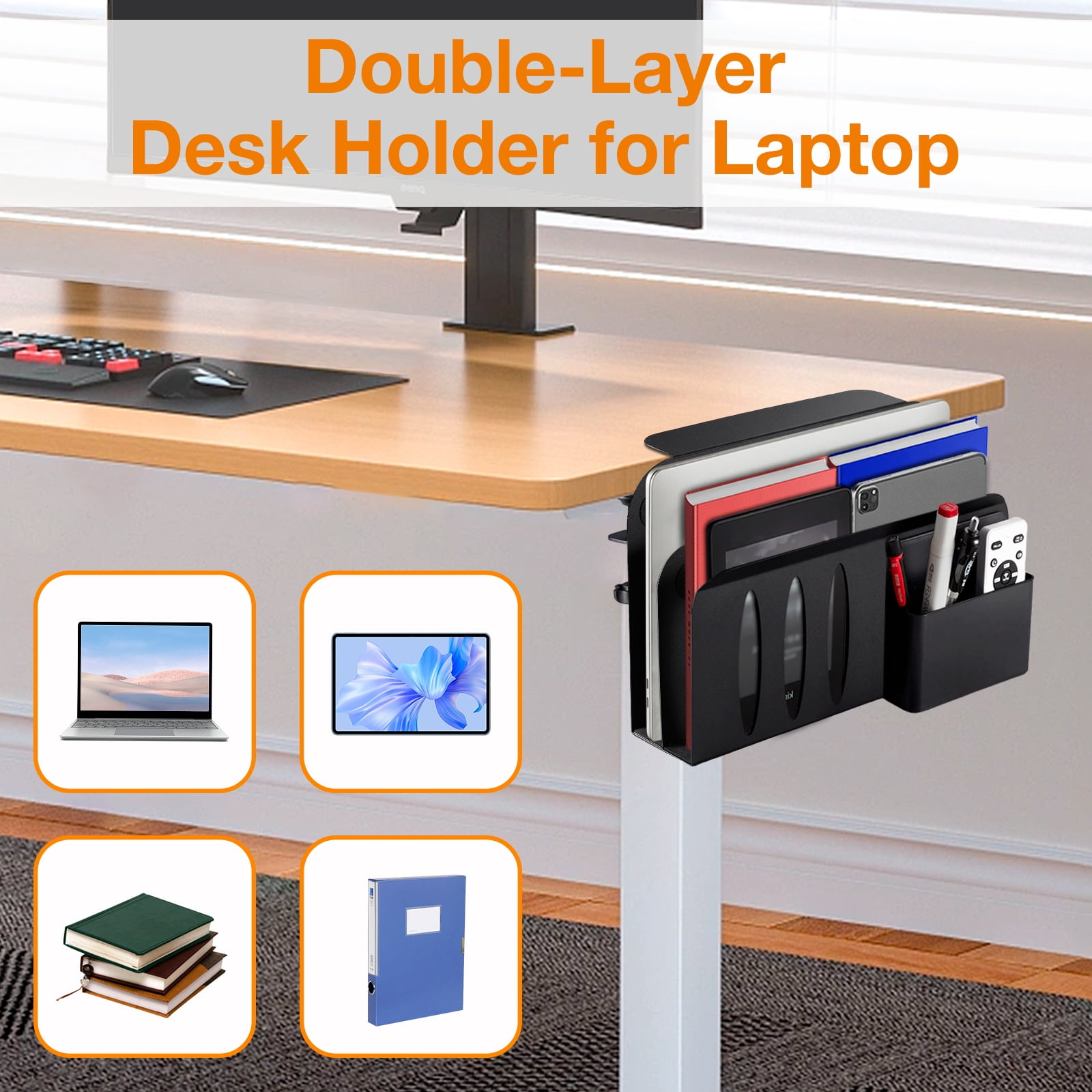 Laptop Holder, DOUBLE-LAYER Side Desk Organizer for Laptop Storage, Under Desk Tray for Laptop (Black)