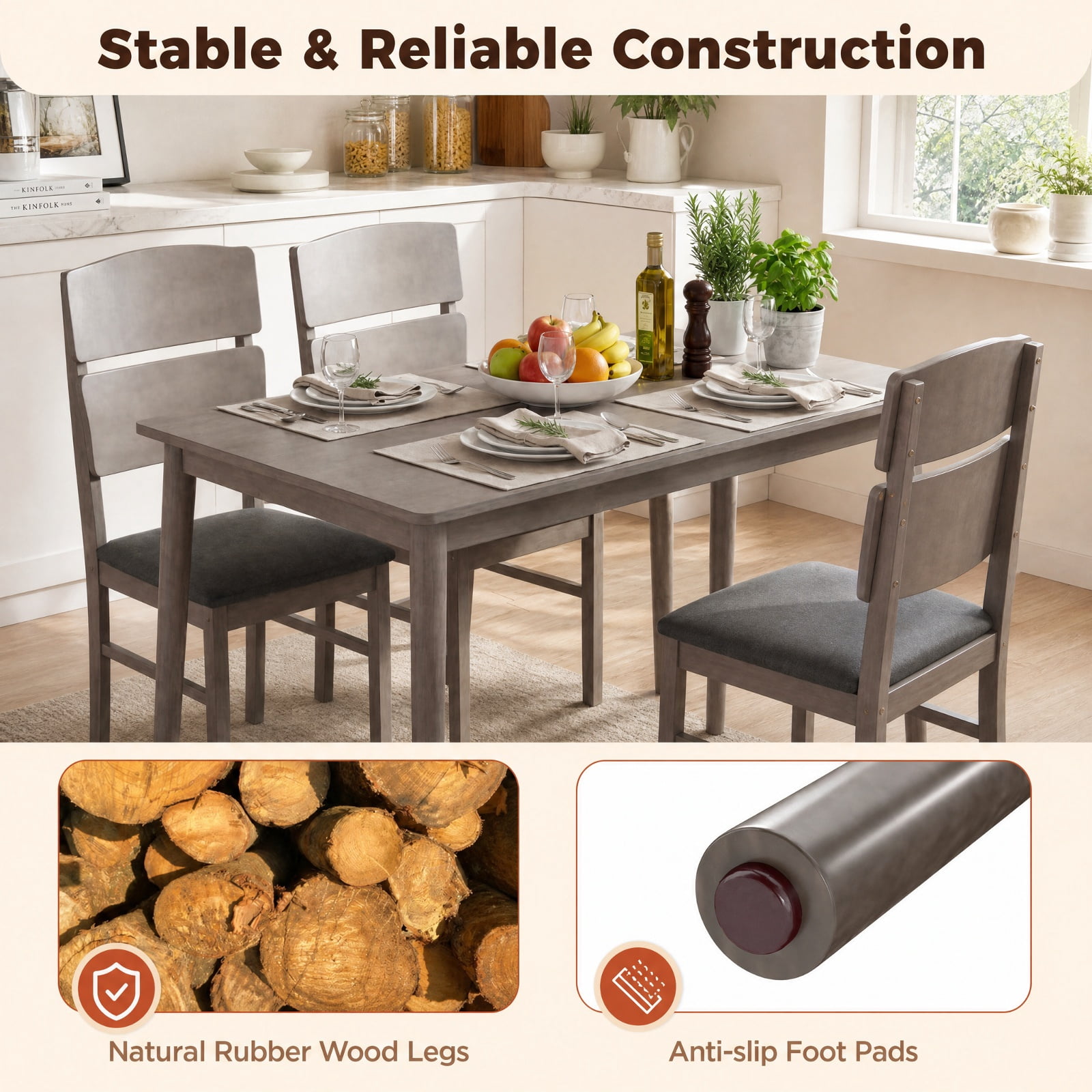 Furnibear 5 Piece Dining Table Set for 4 with High Curved Back Upholstered Chairs and Rubber Wood Legs for Kitchen and Dining Room, Walnut