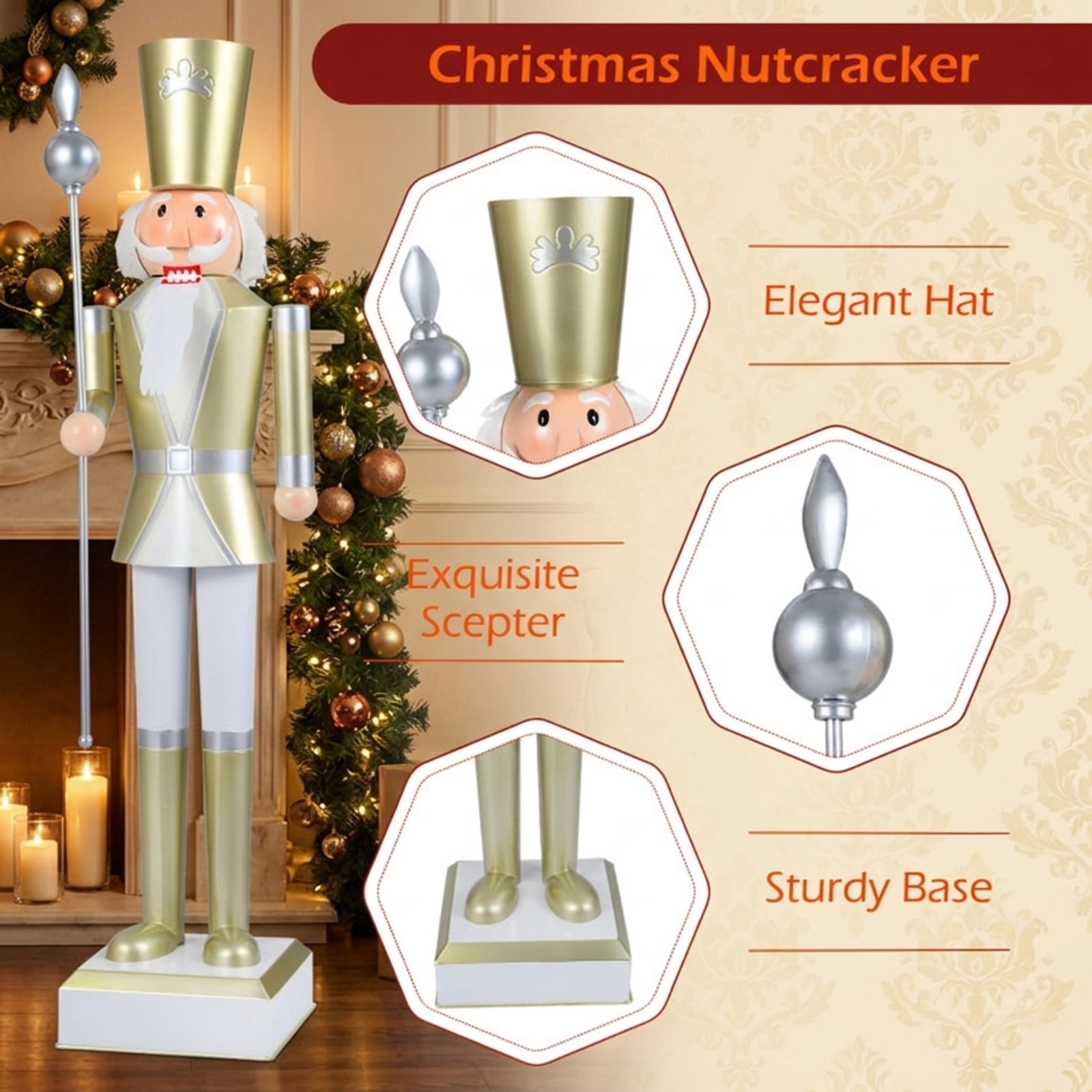 RUIE 4FT Christmas Nutcracker with High Hat and Scepter, White & Golden Metal Nutcracker Soldier with Hidden Storage for Indoor Outdoor Holiday