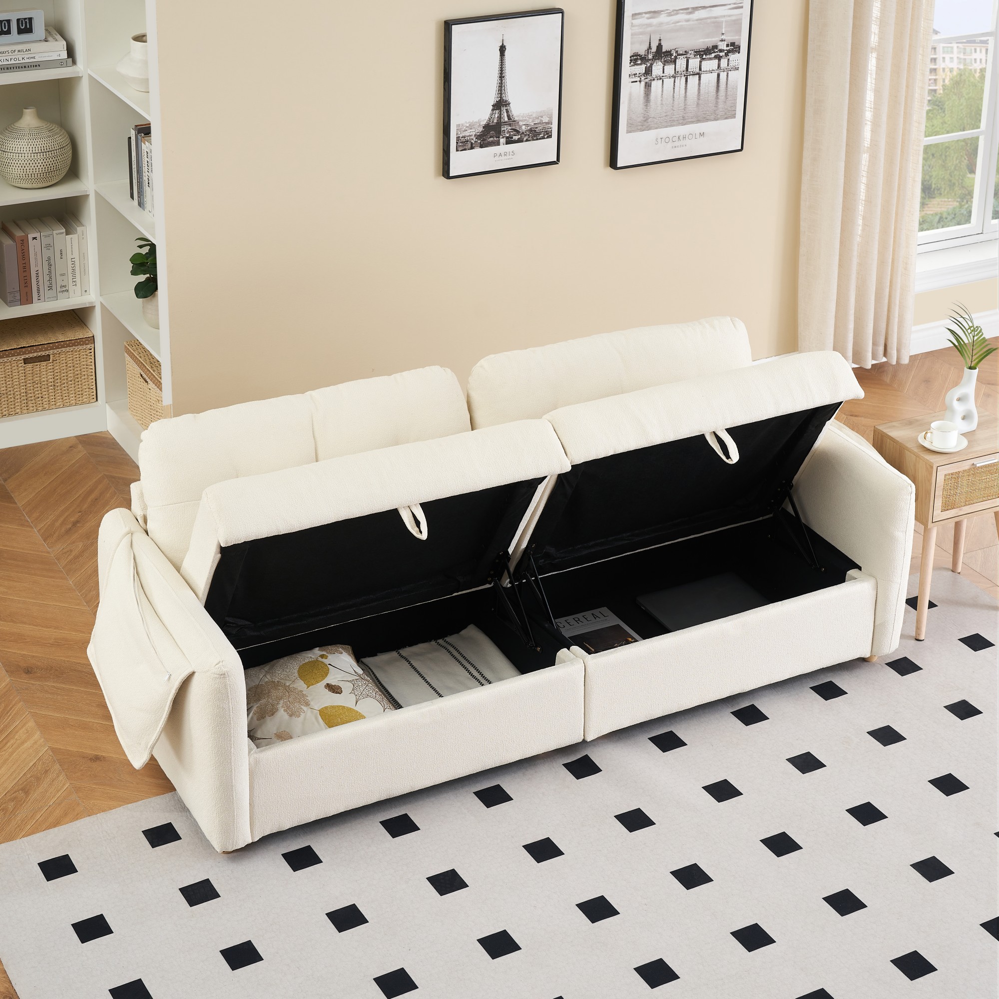 79" Multi-functional Storage Loveseat Sofa Couch,Teddy Upholstered 3 Seat Sofa for Living Room,Bedroom,Office,Beige