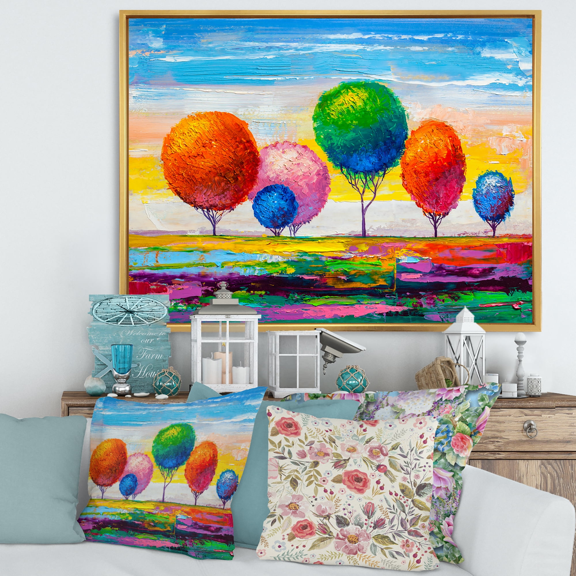 Designart 'Ornamental Colourful Trees VI' Modern Framed Canvas Wall Art Print