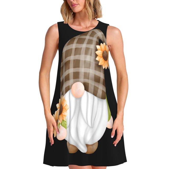 Easygdp Sunflower Gnomes 4 para Vestido Transpirable de Mujer, Vestido Suelto de Manga Corta con Pliegues y Bolsillos para el Verano