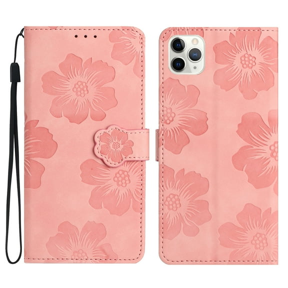 SaniMore Case for iPhone 13 Pro Max 6.7" 2021, [Card Slots + Cash Pocket + Removeable Wrist Strap] PU Leather Embossed Flower Flip Kickstand 360° All-around Protective Wallet Shell, Pink