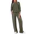 thumbnail image 5 of AHTJRT Women's Tracksuits Striped Crewneck Long Sleeve Tops Drawstrings Side Slit Pants 2 Pieces Athletic Sets Casual Fall Spring Sweatsuits Green XXL, 5 of 7