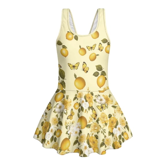 Xixirimido Butterfly Lemon Floral Print Modest Girls’ Swimwear One Piece – Hawaiian Skirted Bathing Suit with Built-in Shorts, Sleeveless UPF 50 Swimsuits, Yellow, 3-4 Years